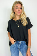 Black / S Calise Woven Round Neck Flowy Top - Madison and Mallory