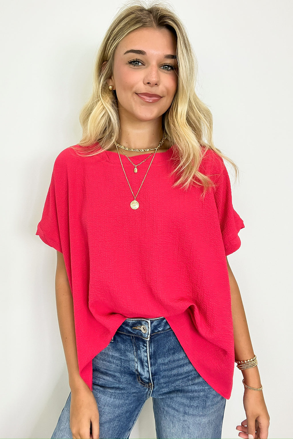 Viva Magenta / S Calise Woven Round Neck Flowy Top - Madison and Mallory
