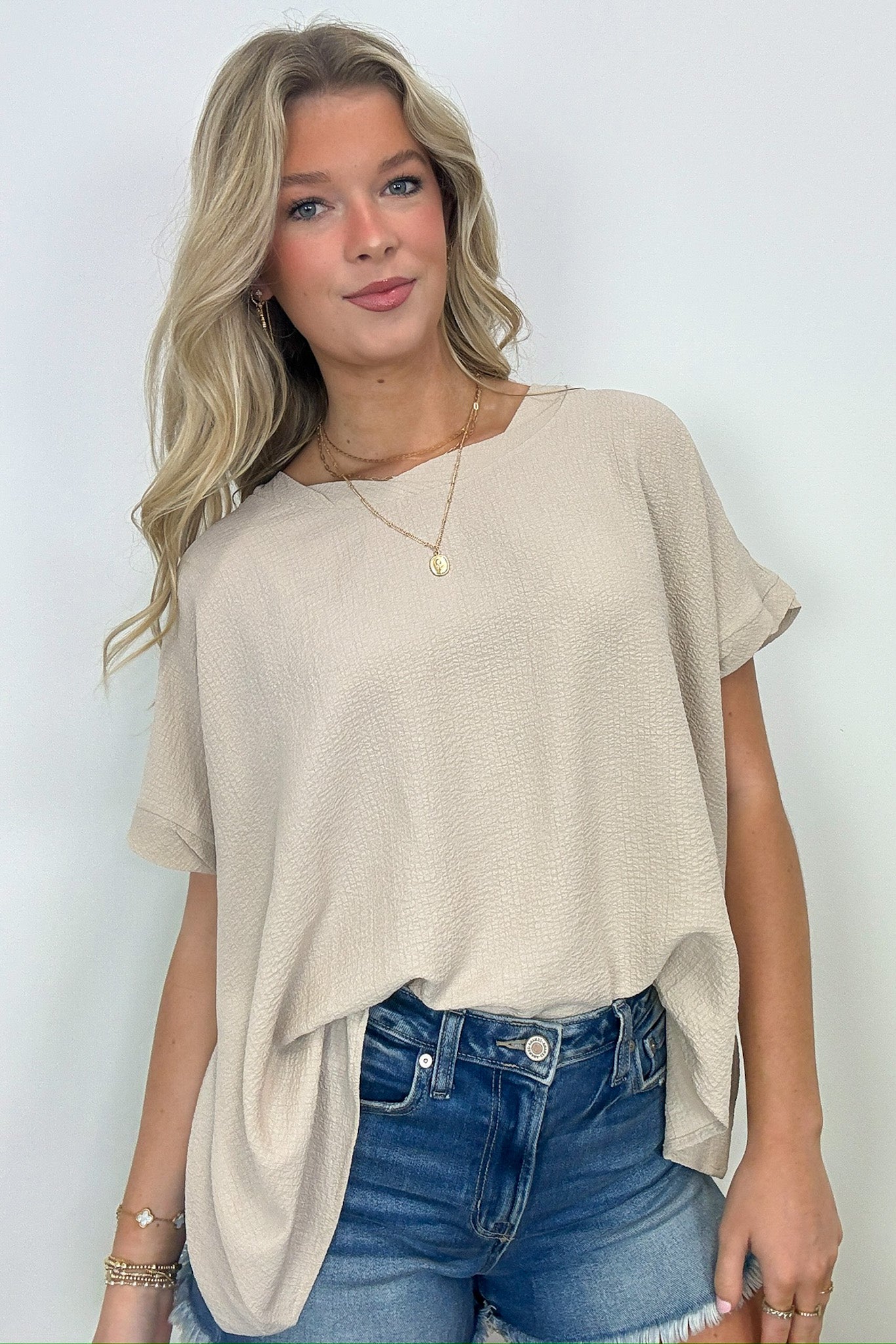 Sand Beige / S Calise Woven Round Neck Flowy Top - BACK IN STOCK - Madison and Mallory