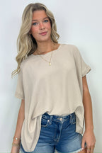 Sand Beige / S Calise Woven Round Neck Flowy Top - Madison and Mallory