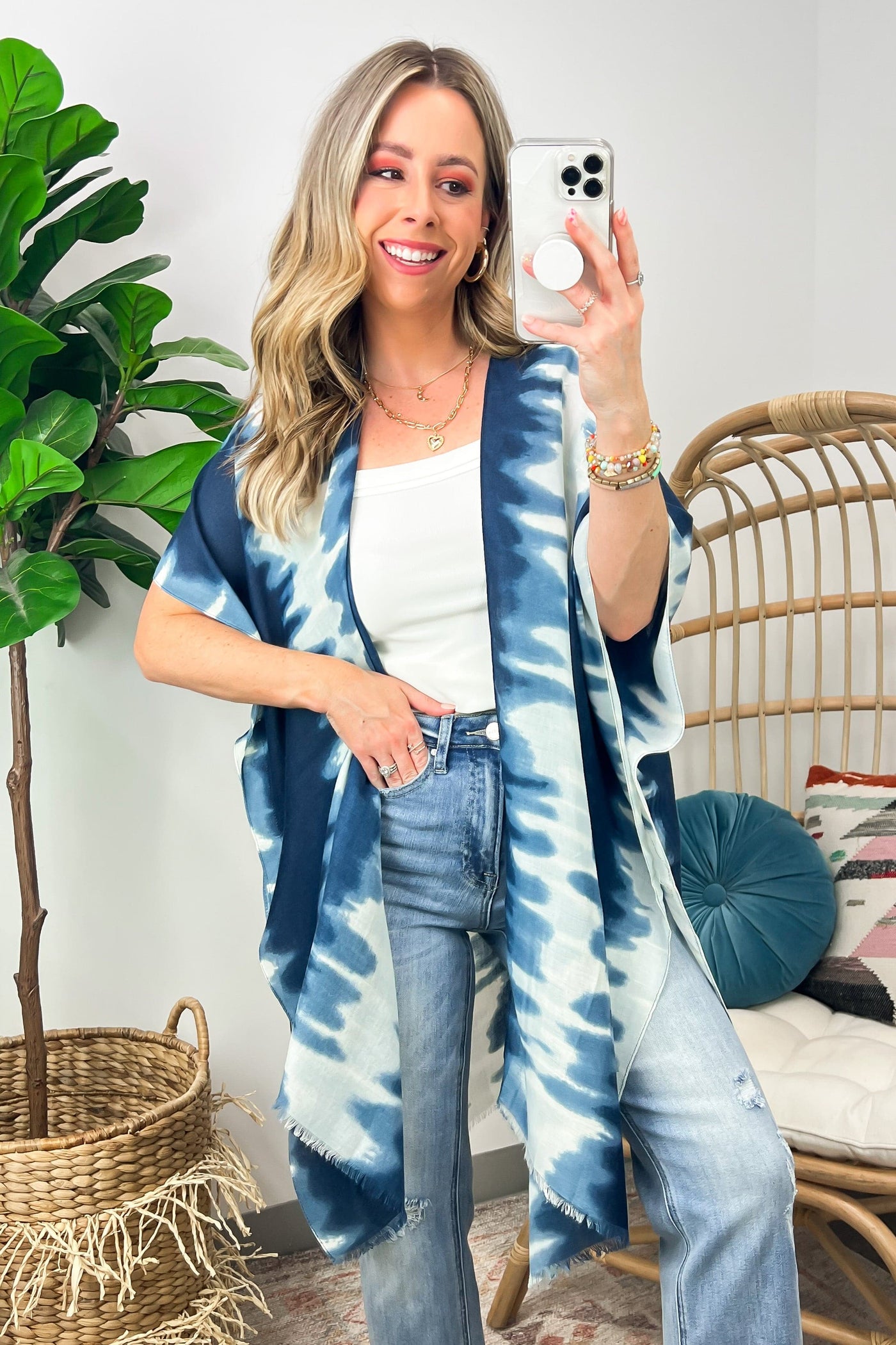 OS / Navy Callidora Tie Dye Wave Print Kimono Top - FINAL SALE - Madison and Mallory