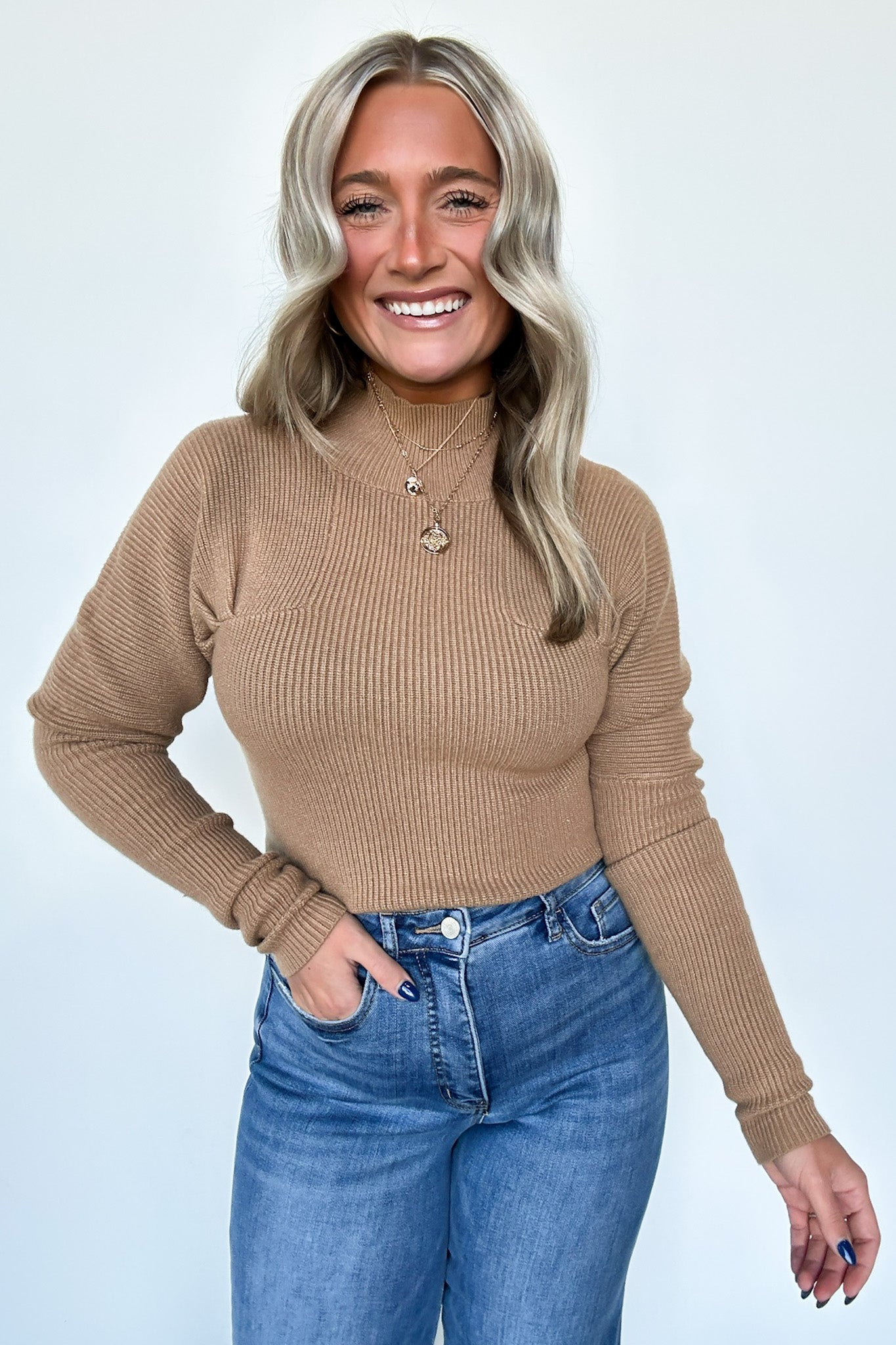 Taupe / S Camie Ribbed Mock Neck Sweater - Madison and Mallory