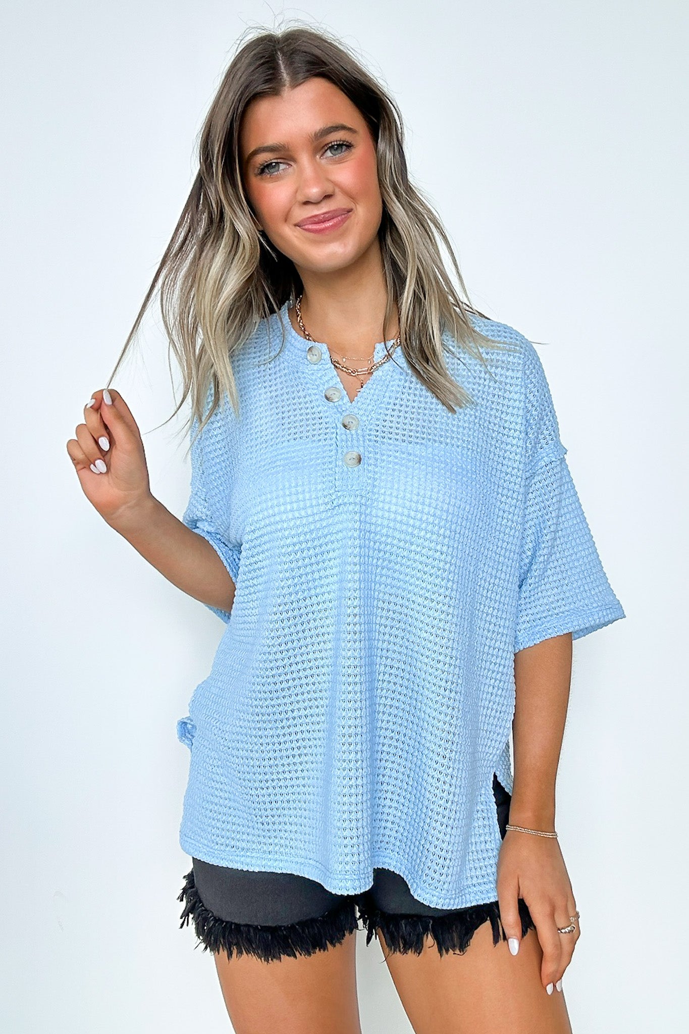 Blue / S Camryn V-Neck Relaxed Top - BACK IN STOCK - Madison and Mallory