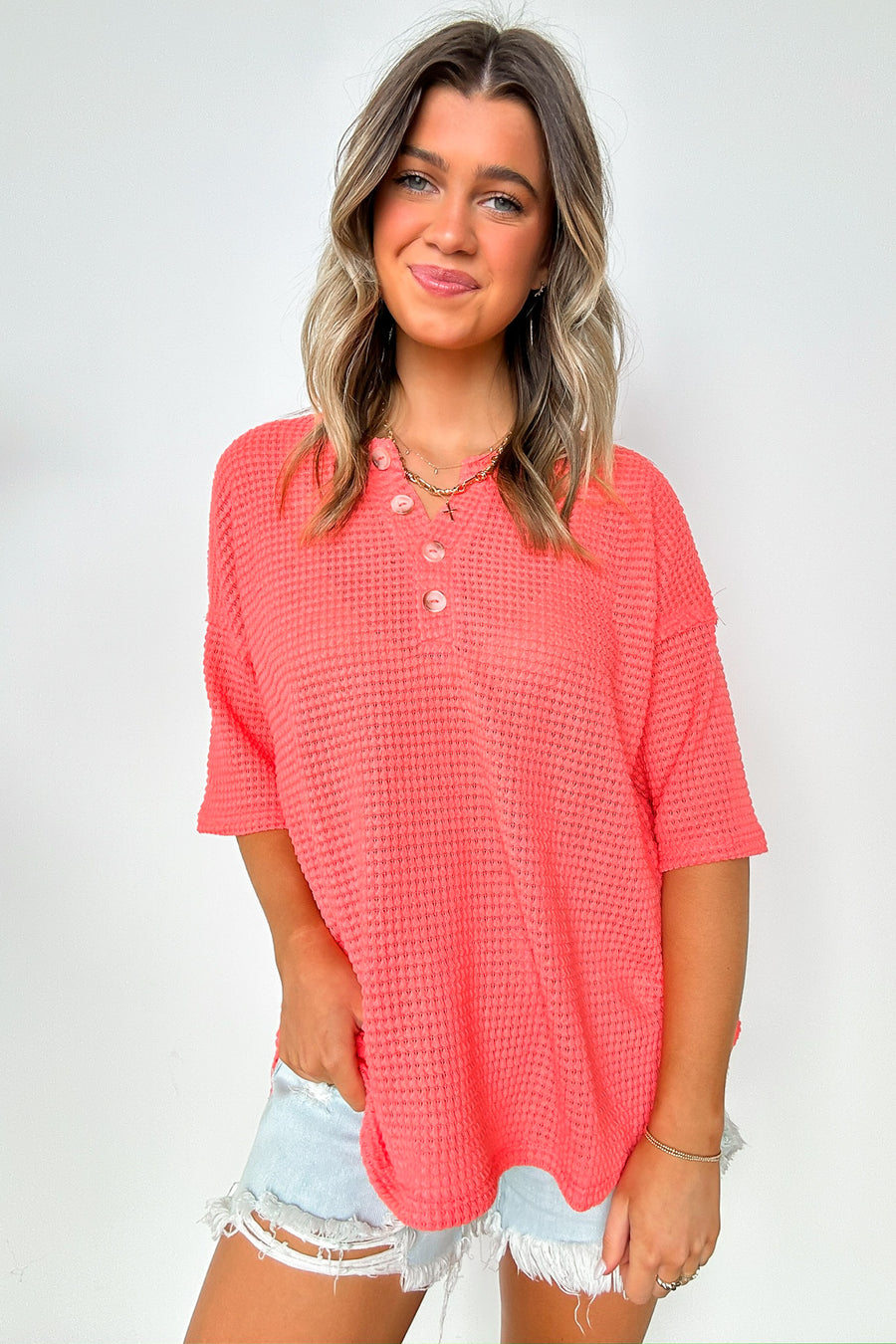 Neon Coral / S Camryn V-Neck Relaxed Top - BACK IN STOCK - Madison and Mallory