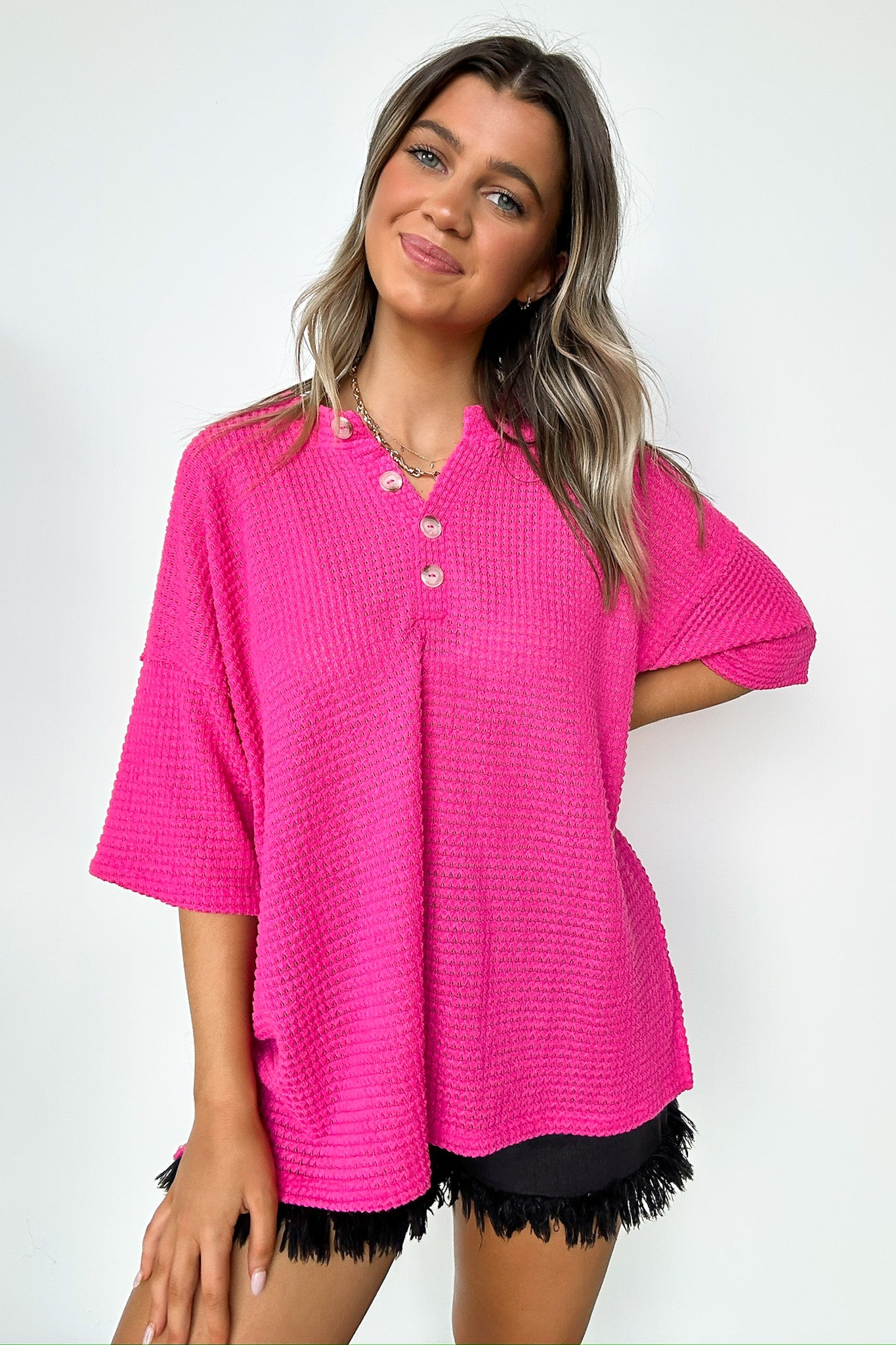 Hot Pink / S Camryn V-Neck Relaxed Top - BACK IN STOCK - Madison and Mallory