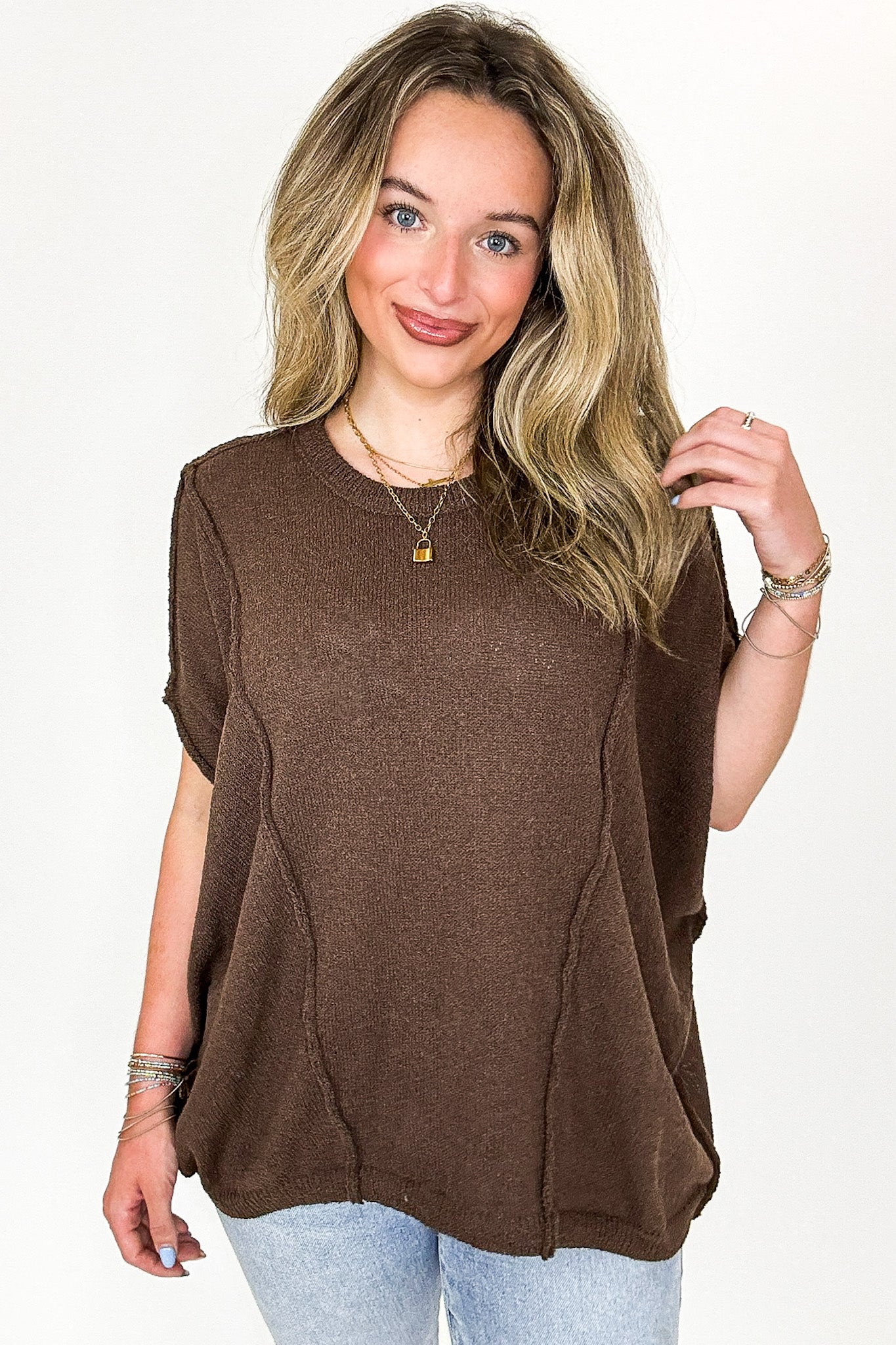 Brown / SM Candice Drop Shoulder Exposed Seam Sweater - BACK IN STOCK - Madison and Mallory