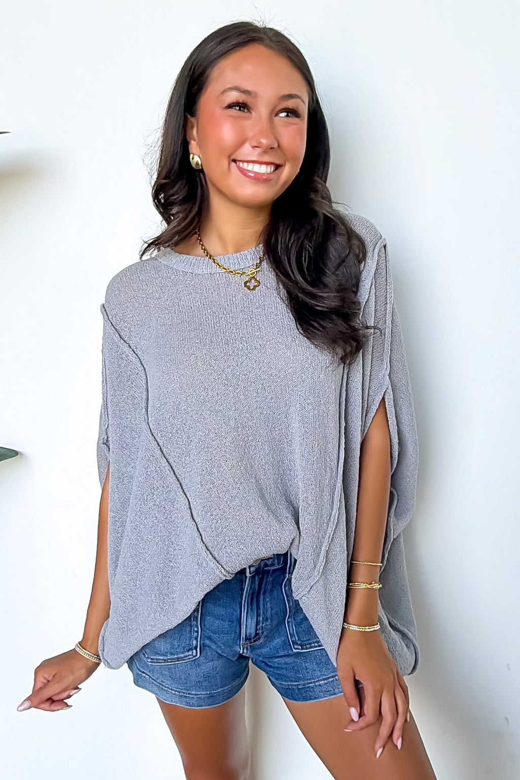 Light Gray / SM Candice Drop Shoulder Exposed Seam Sweater - Madison and Mallory