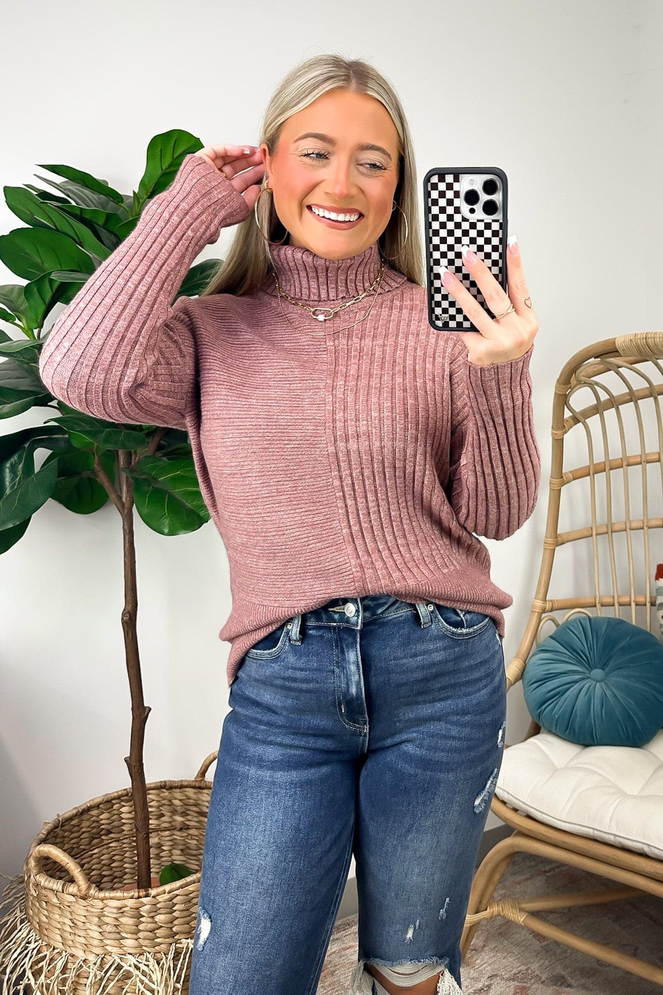 Mauve / S Candis Turtleneck Ribbed Knit Sweater - Madison and Mallory