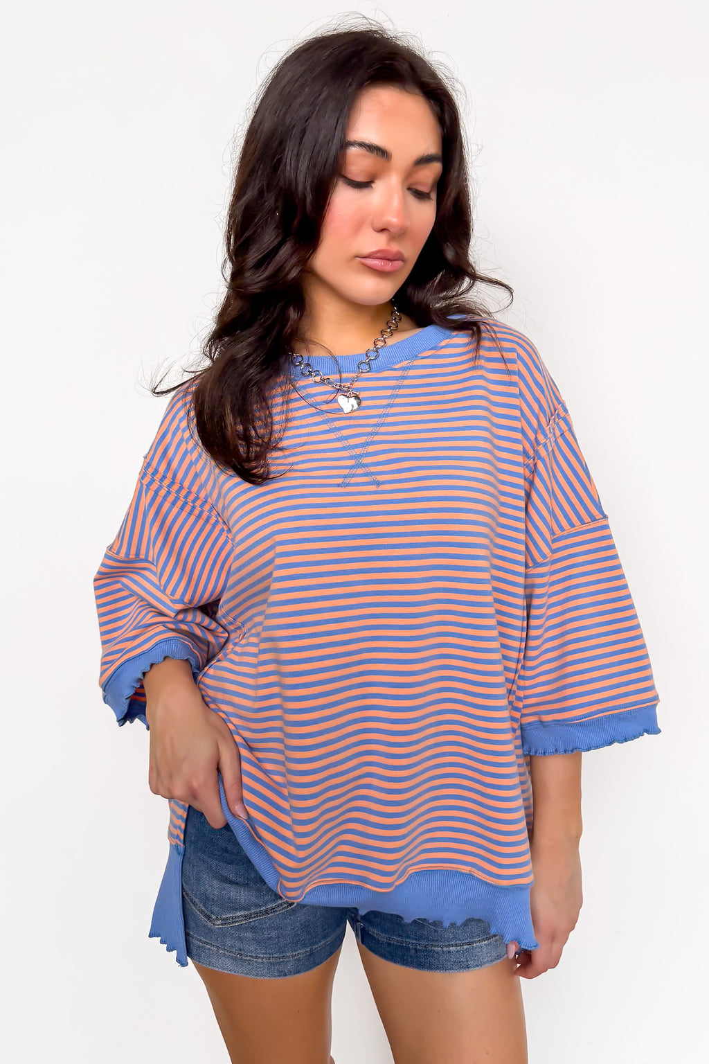 Blue/Orange / S Candy Stripe Lettuce Edge Short Sleeve Sweatshirt Top - Madison and Mallory