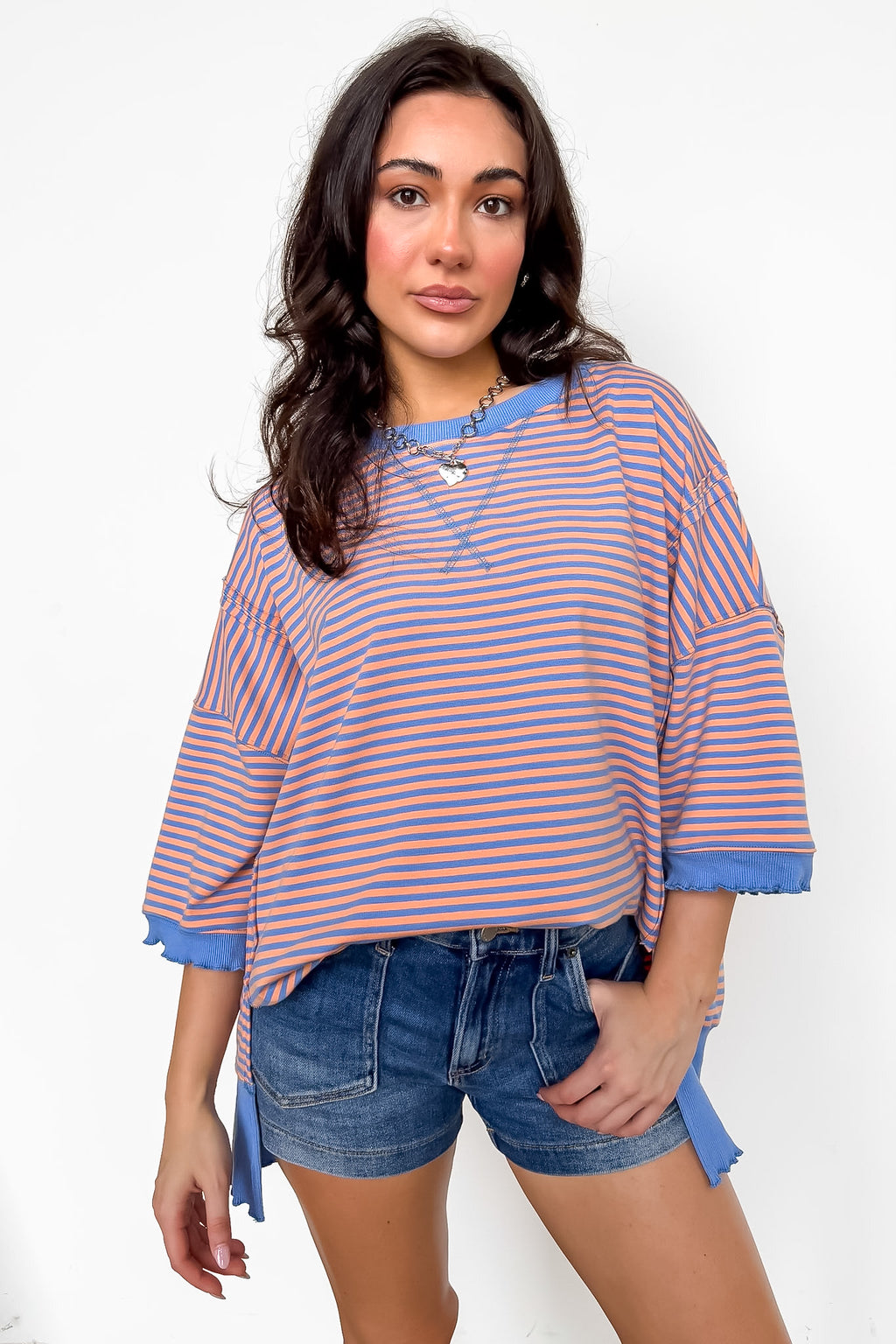 Candy Stripe Lettuce Edge Short Sleeve Sweatshirt Top - Madison and Mallory