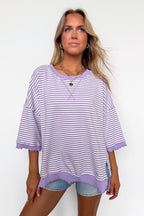 Candy Stripe Lettuce Edge Short Sleeve Sweatshirt Top - Madison and Mallory