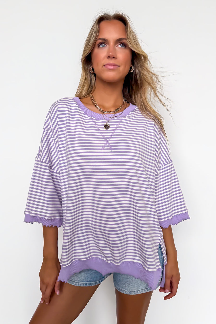 Candy Stripe Lettuce Edge Short Sleeve Sweatshirt Top - Madison and Mallory