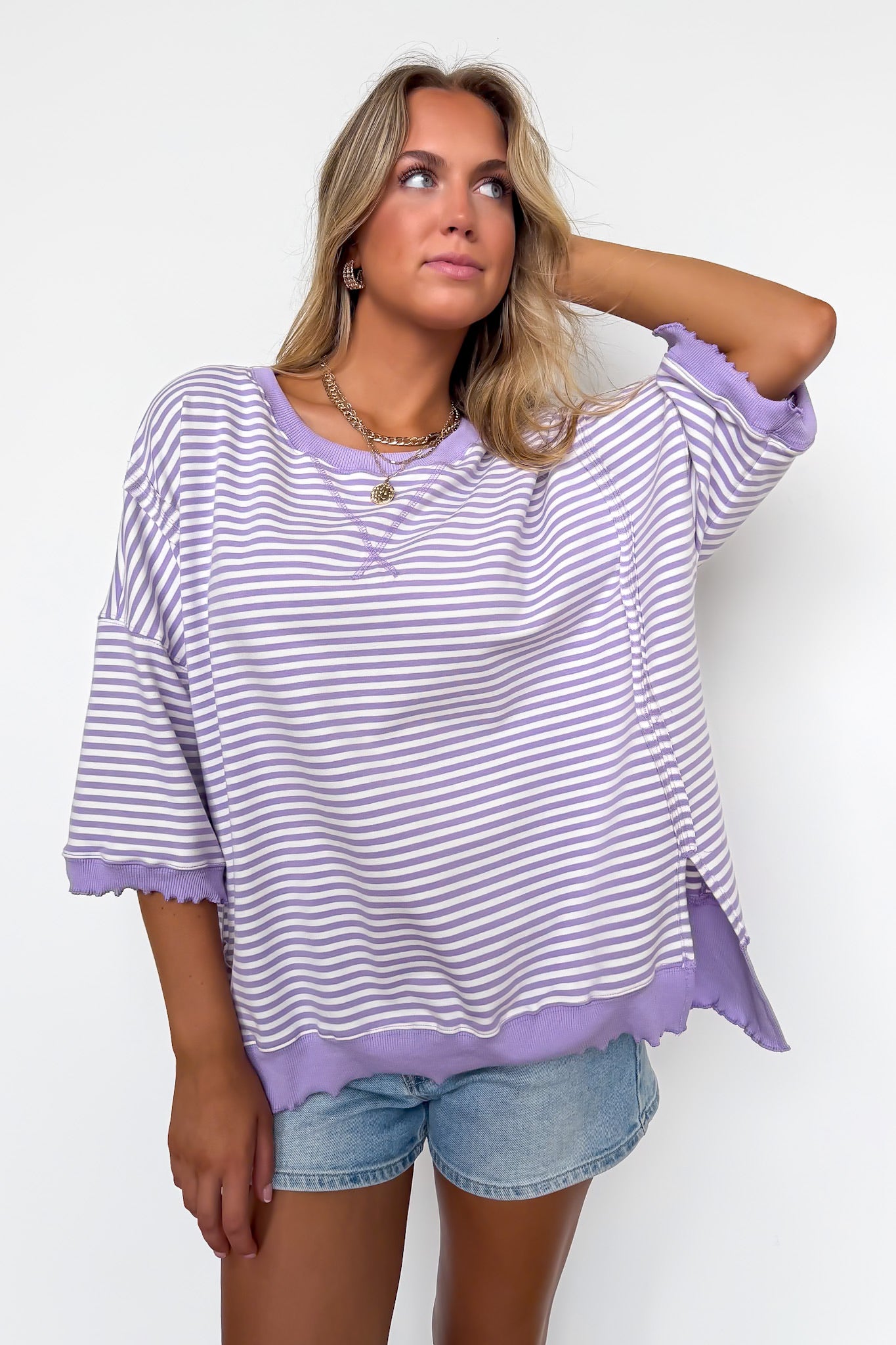 Candy Stripe Lettuce Edge Short Sleeve Sweatshirt Top - Madison and Mallory
