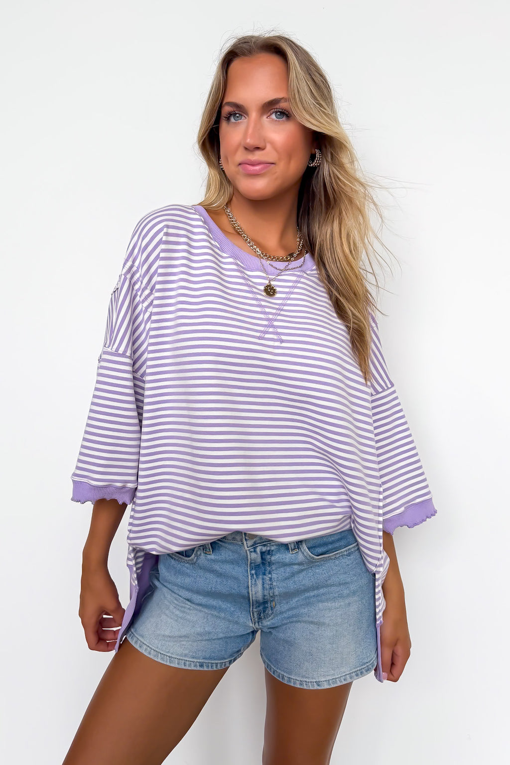 Candy Stripe Lettuce Edge Short Sleeve Sweatshirt Top - Madison and Mallory