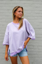 Light Purple / S Candy Stripe Lettuce Edge Short Sleeve Sweatshirt Top - Madison and Mallory