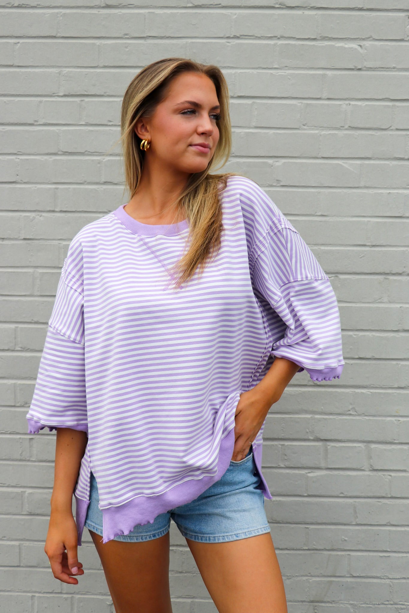 Light Purple / S Candy Stripe Lettuce Edge Short Sleeve Sweatshirt Top - Madison and Mallory