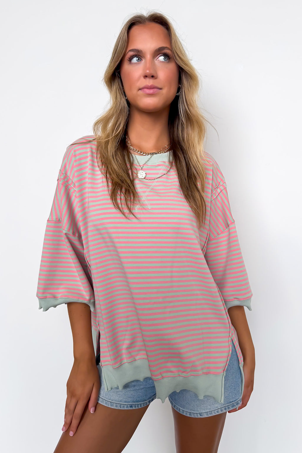 Sage/Pink / S Candy Stripe Lettuce Edge Short Sleeve Sweatshirt Top - Madison and Mallory