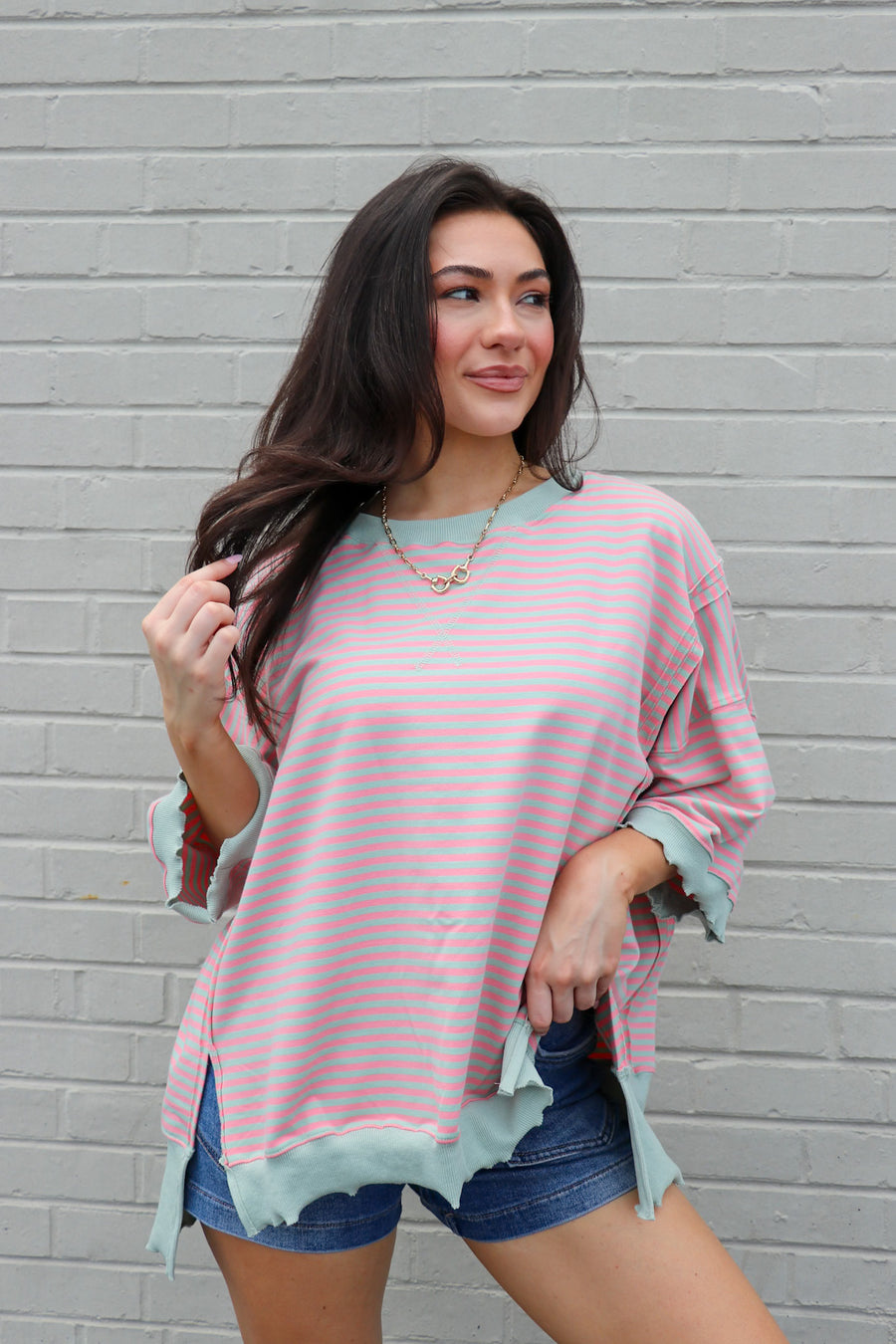 Candy Stripe Lettuce Edge Short Sleeve Sweatshirt Top