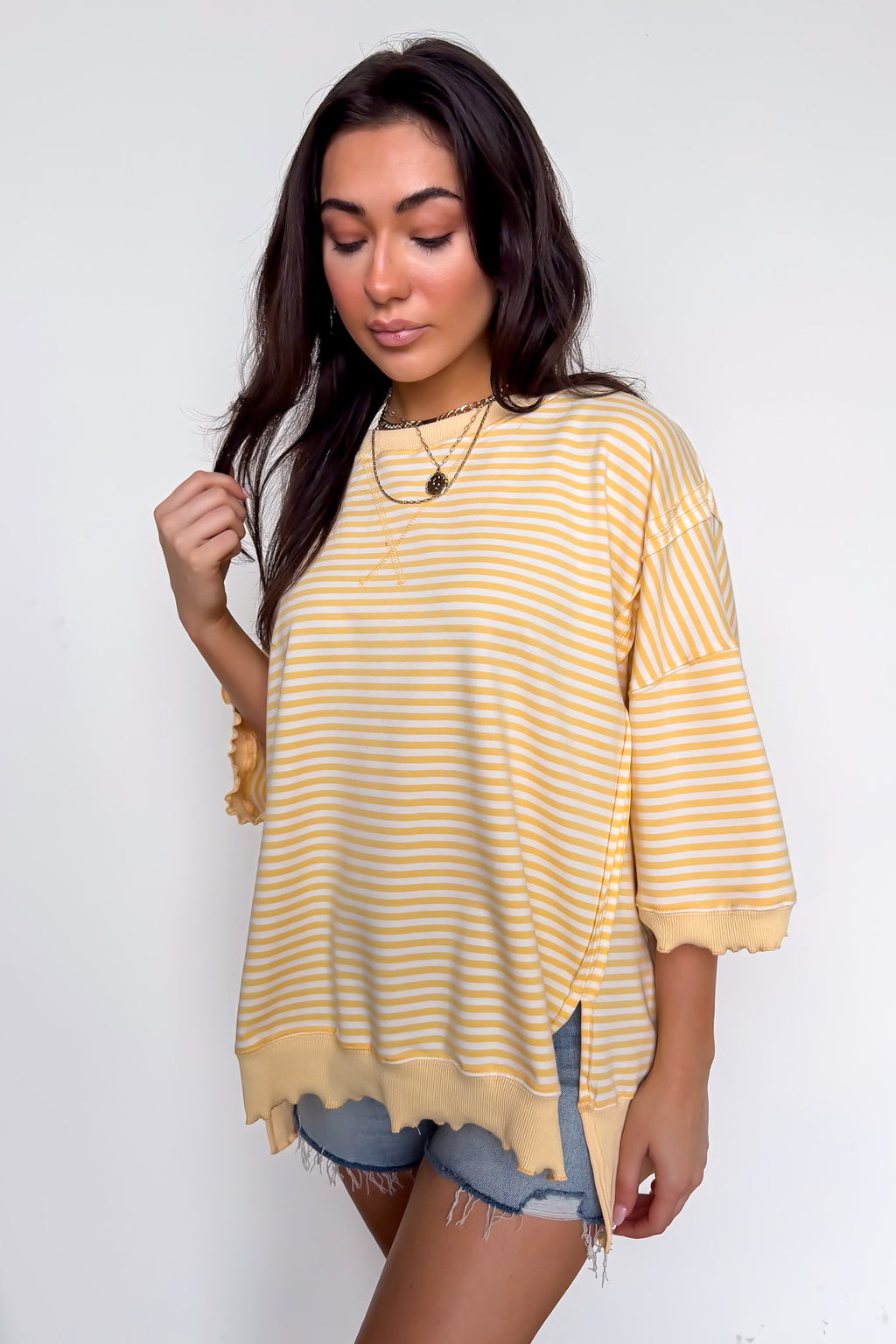 Light Yellow / S Candy Stripe Lettuce Edge Short Sleeve Sweatshirt Top - Madison and Mallory