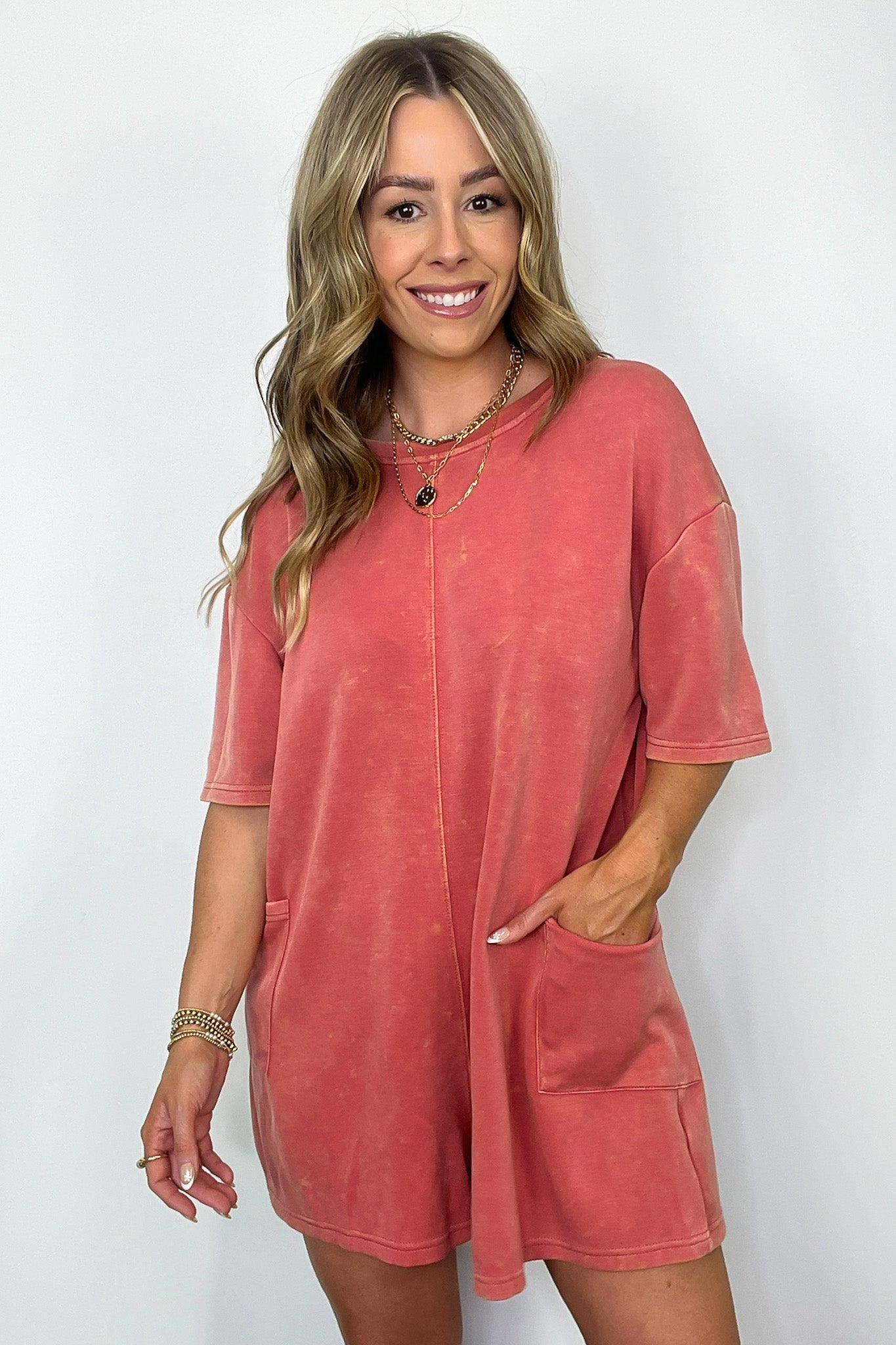 Pink / S Capriana Mineral Wash Pocket Relaxed Romper - Madison and Mallory