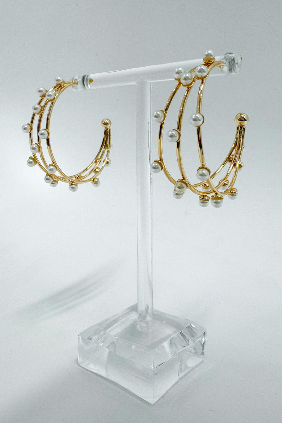 Gold Captivating Class Triple Row Pearl Hoop Earrings - Madison and Mallory