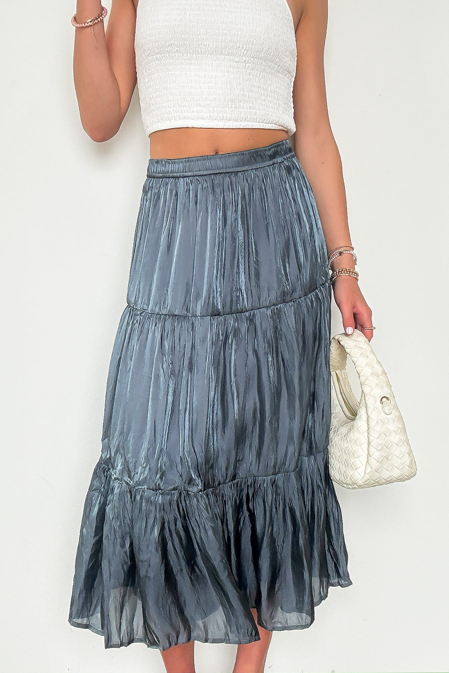 S / Gunmetal Blue Captivating Delight Tiered Crinkle Shimmer Satin Skirt - Madison and Mallory