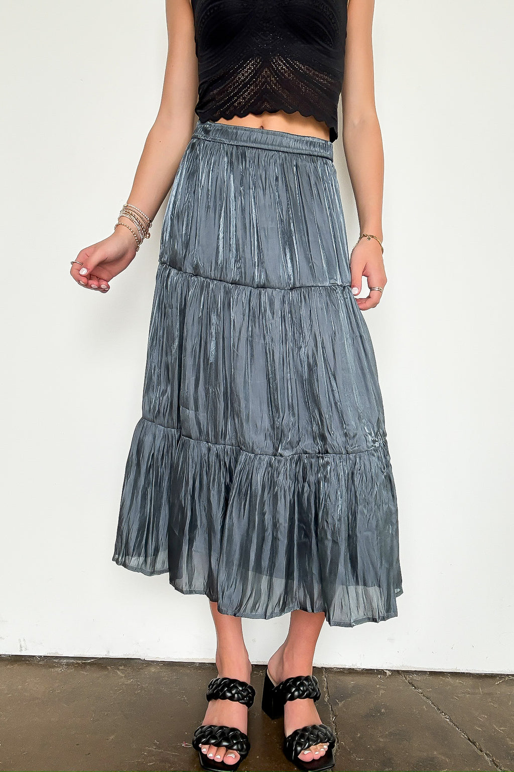 S / Gunmetal Blue Captivating Delight Tiered Crinkle Shimmer Satin Skirt - FINAL SALE - Madison and Mallory