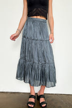 S / Gunmetal Blue Captivating Delight Tiered Crinkle Shimmer Satin Skirt - FINAL SALE - Madison and Mallory