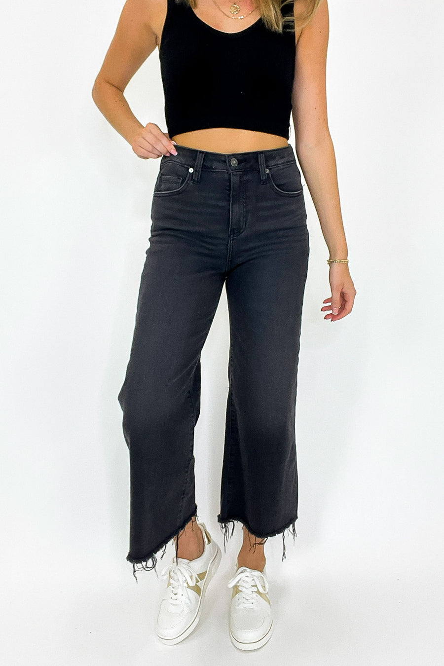 S / Washed Black Carbon Crop High Rise Raw Hem Jeans - Madison and Mallory