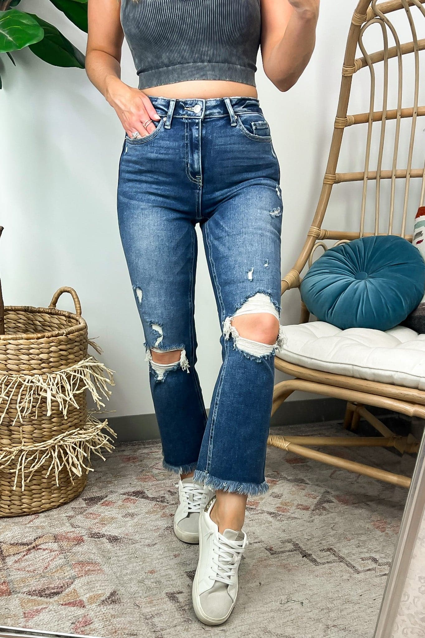 Dark Denim / 25 Caresha Distressed Cropped Flare Jeans | BACK IN STOCK - Madison and Mallory