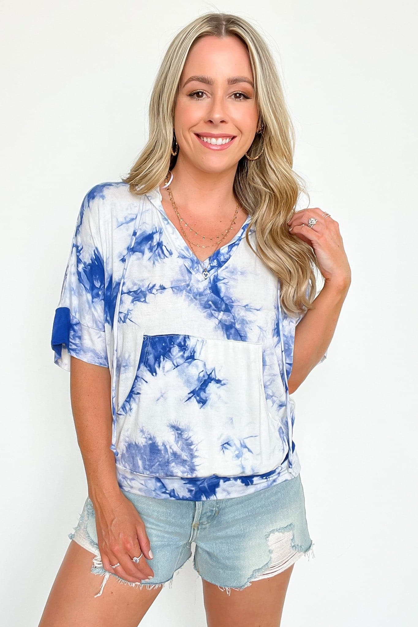 Blue / S Caribe Short Sleeve Tie Dye Hooded Top - FINAL SALE - Madison and Mallory