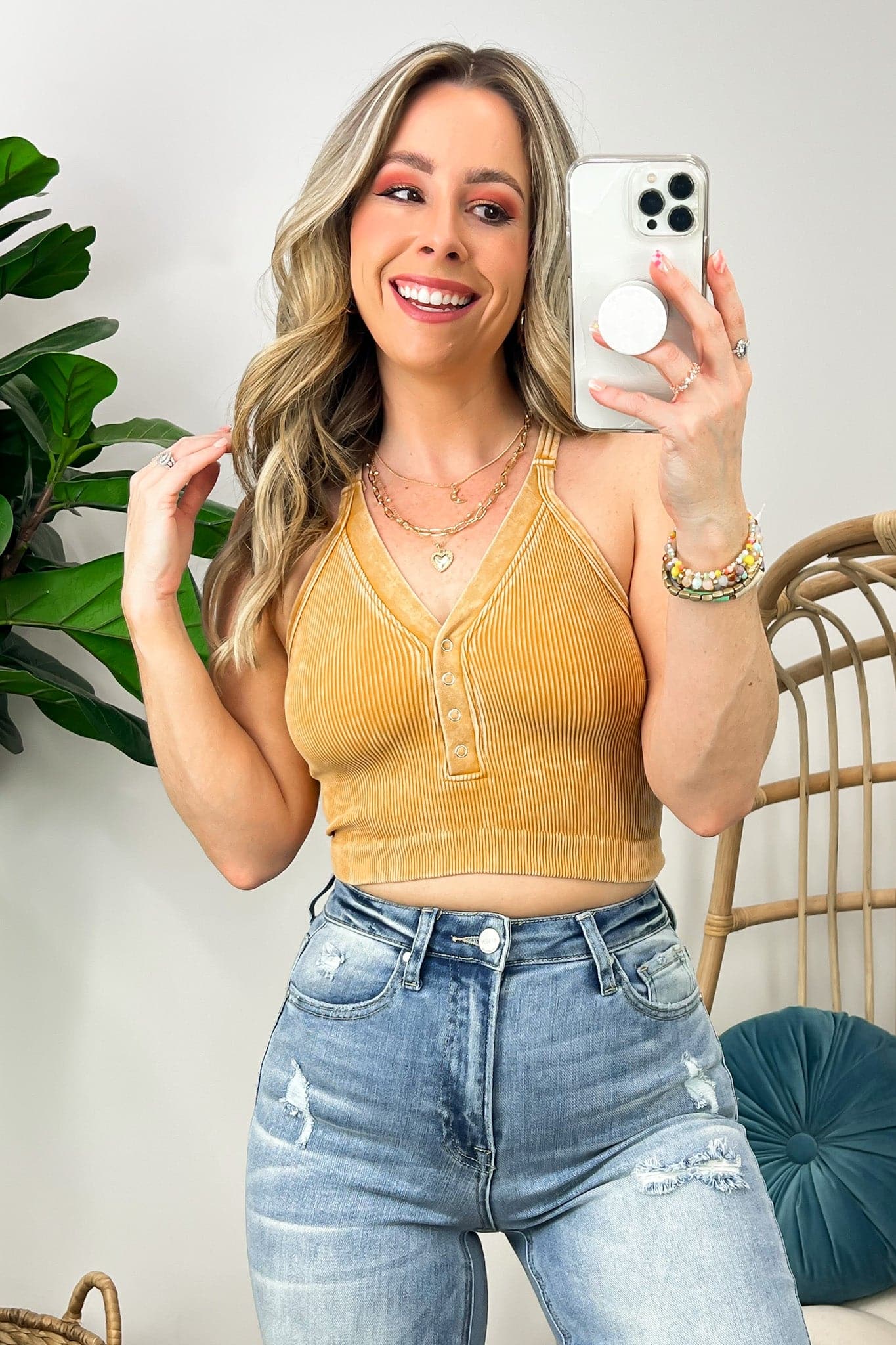 yellow button crop top