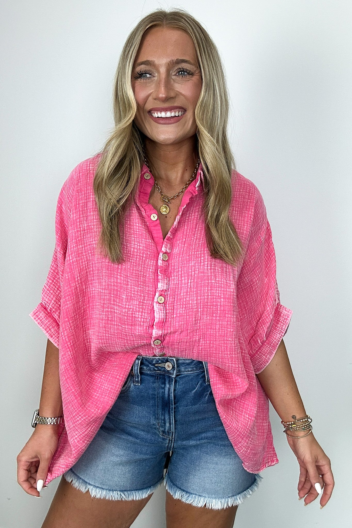 Fuchsia / SM Carleen Washed Gauze Button Down Top - BACK IN STOCK - Madison and Mallory