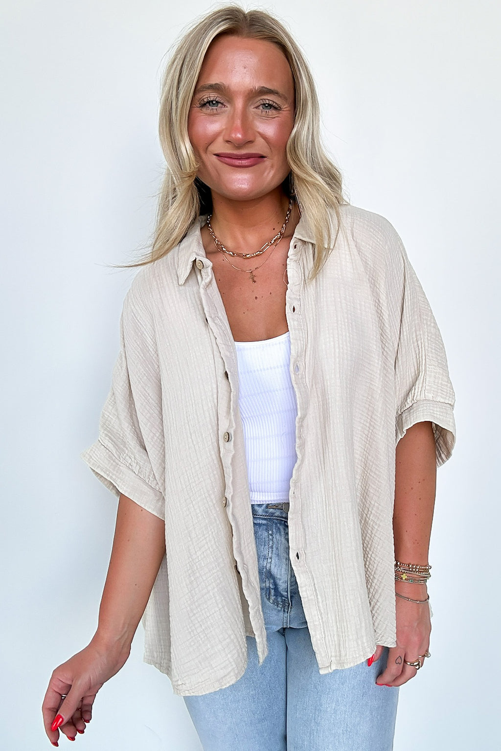 Sand Beige / SM Carleen Washed Gauze Button Down Top - BACK IN STOCK - Madison and Mallory