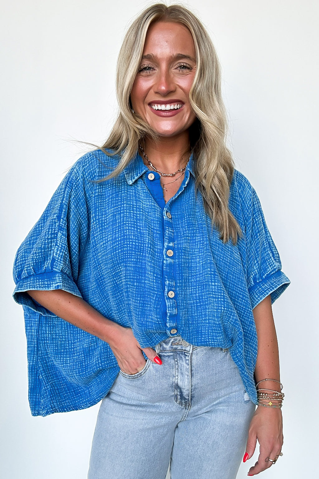 Ocean Blue / SM Carleen Washed Gauze Button Down Top - BACK IN STOCK - Madison and Mallory