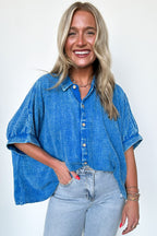 Ocean Blue / SM Carleen Washed Gauze Button Down Top - BACK IN STOCK - Madison and Mallory