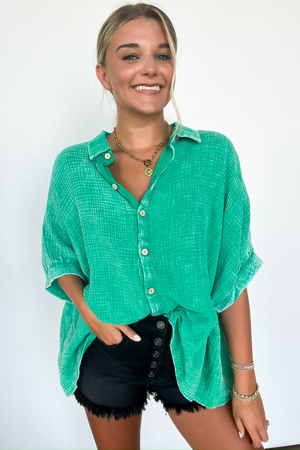 Kelly Green / SM Carleen Washed Gauze Button Down Top - BACK IN STOCK - Madison and Mallory