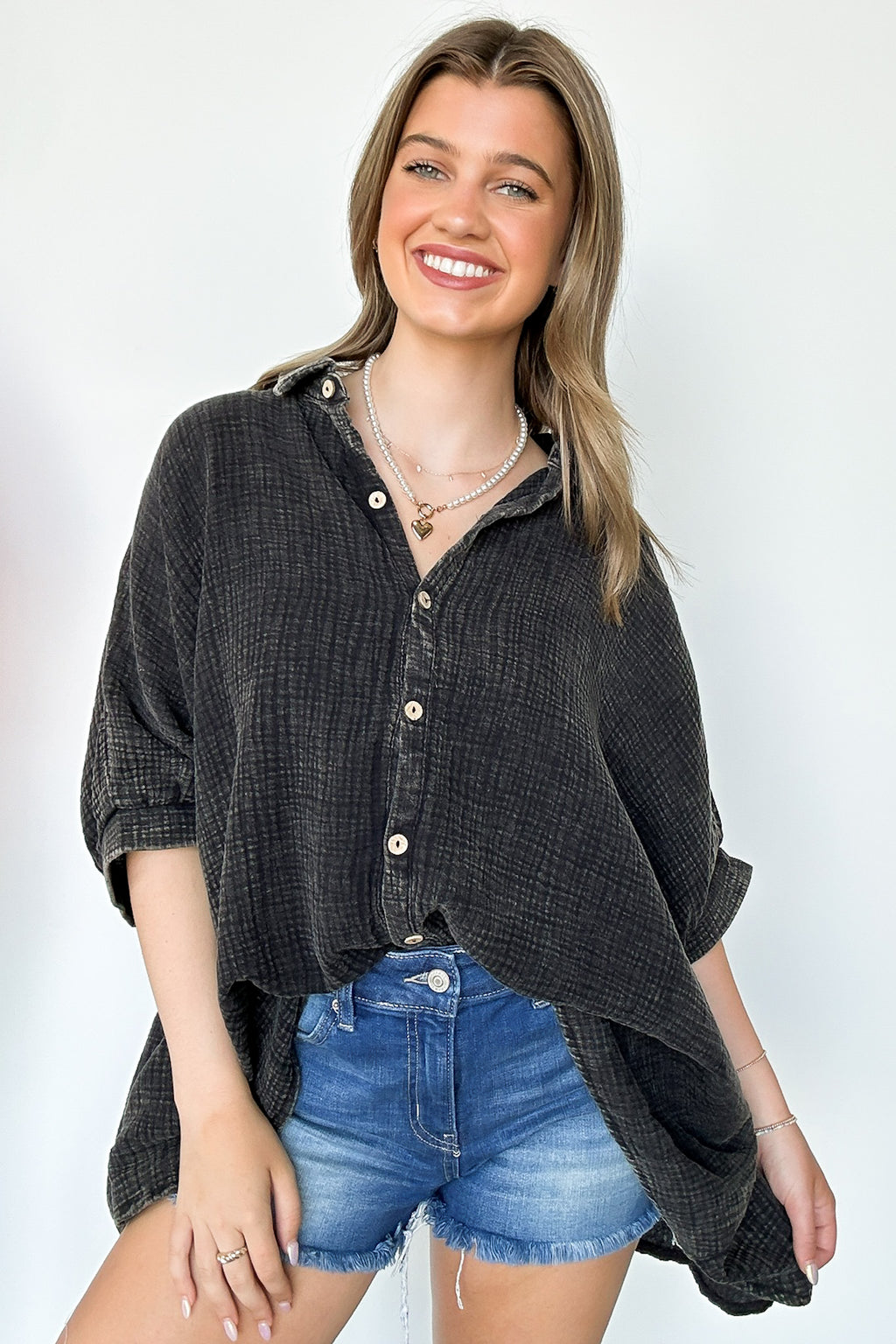 Ash Black / SM Carleen Washed Gauze Button Down Top - Madison and Mallory