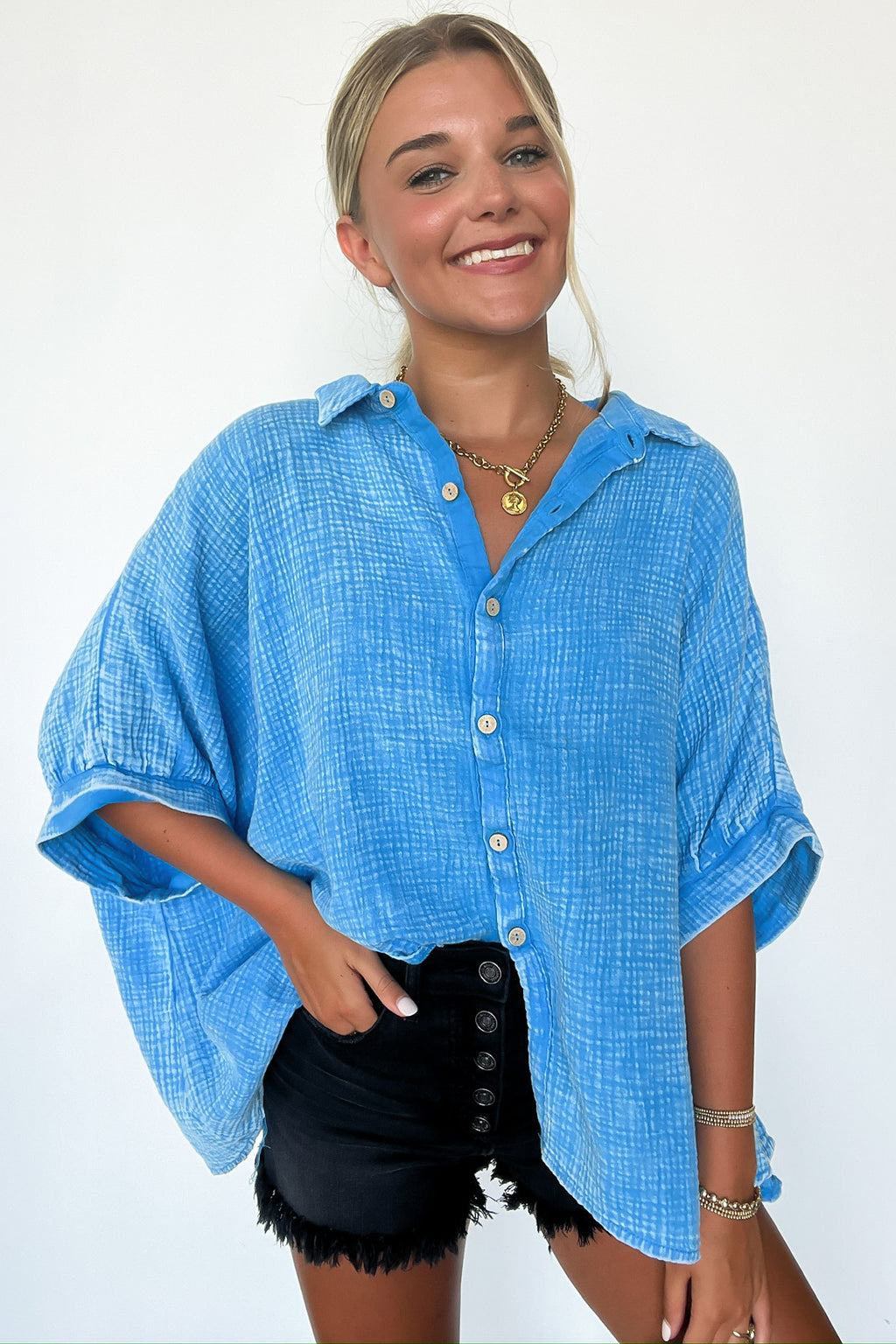 Deep Sky / SM Carleen Washed Gauze Button Down Top - BACK IN STOCK - Madison and Mallory