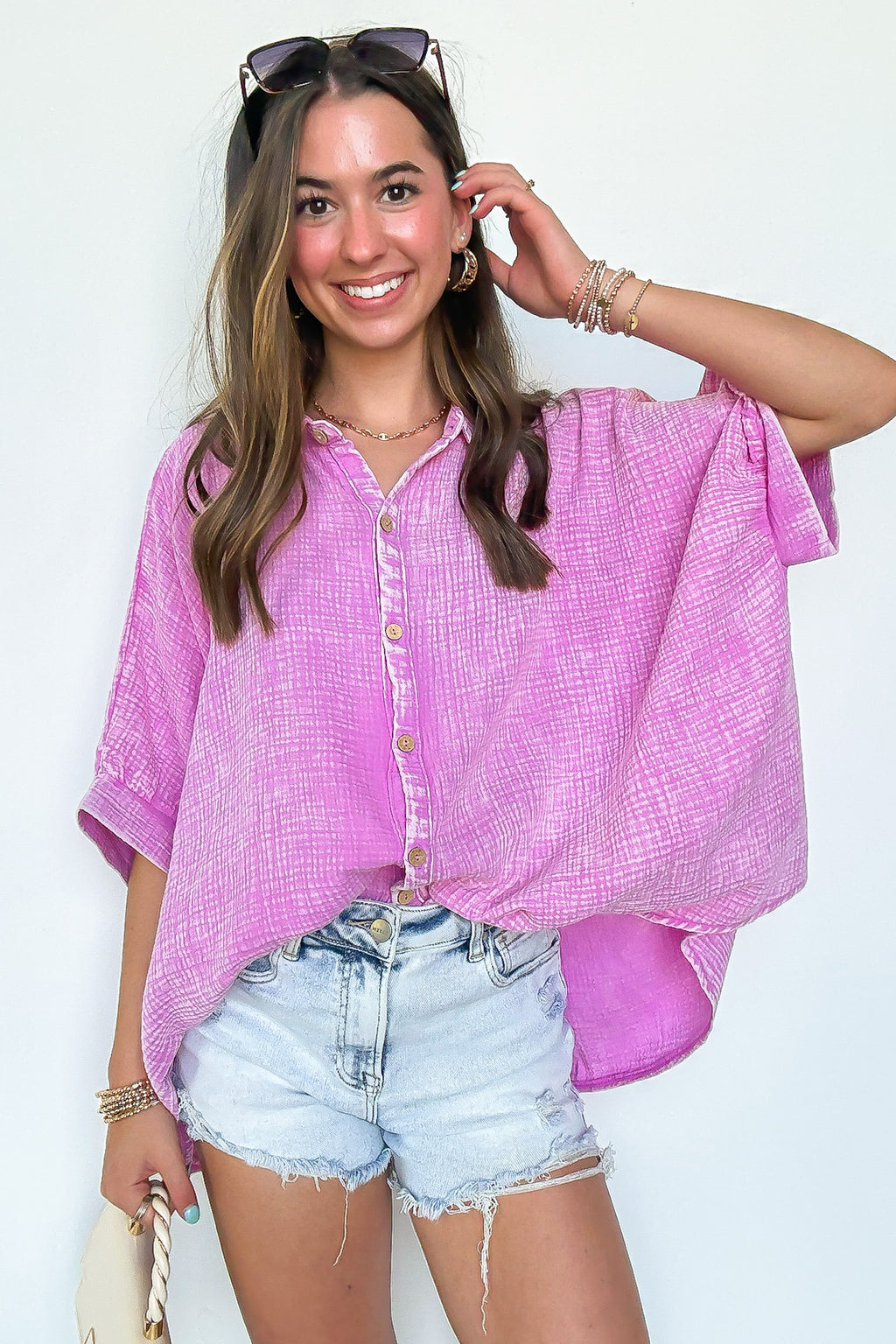 Bright Mauve / SM Carleen Washed Gauze Button Down Top - Madison and Mallory