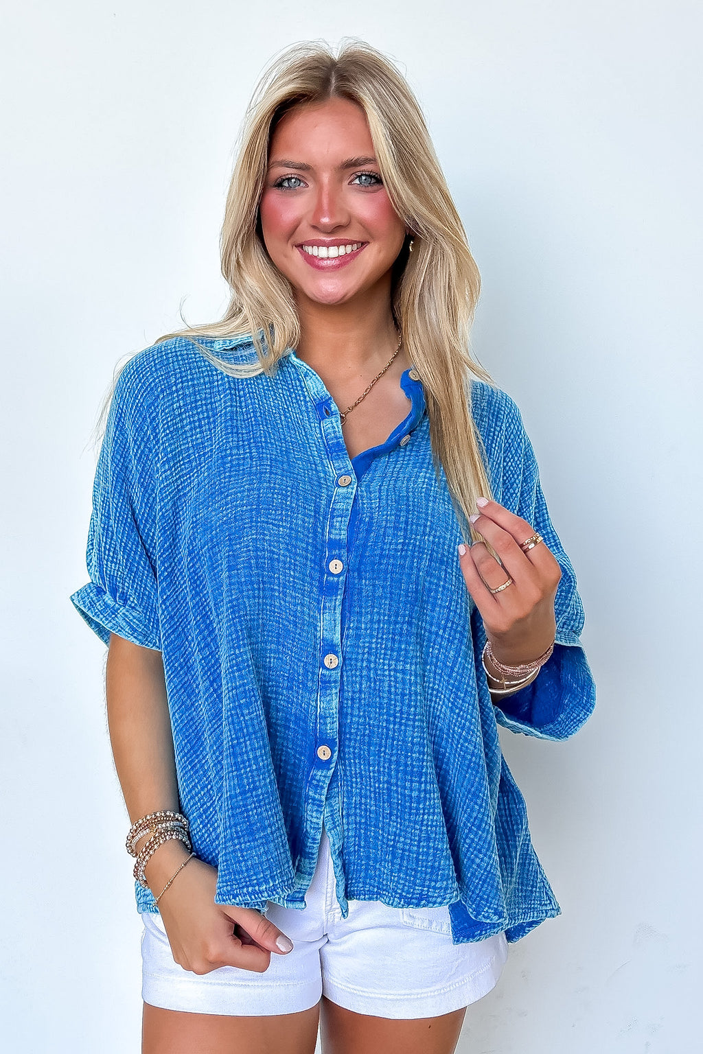 Ocean Blue / SM Carleen Washed Gauze Button Down Top - Madison and Mallory