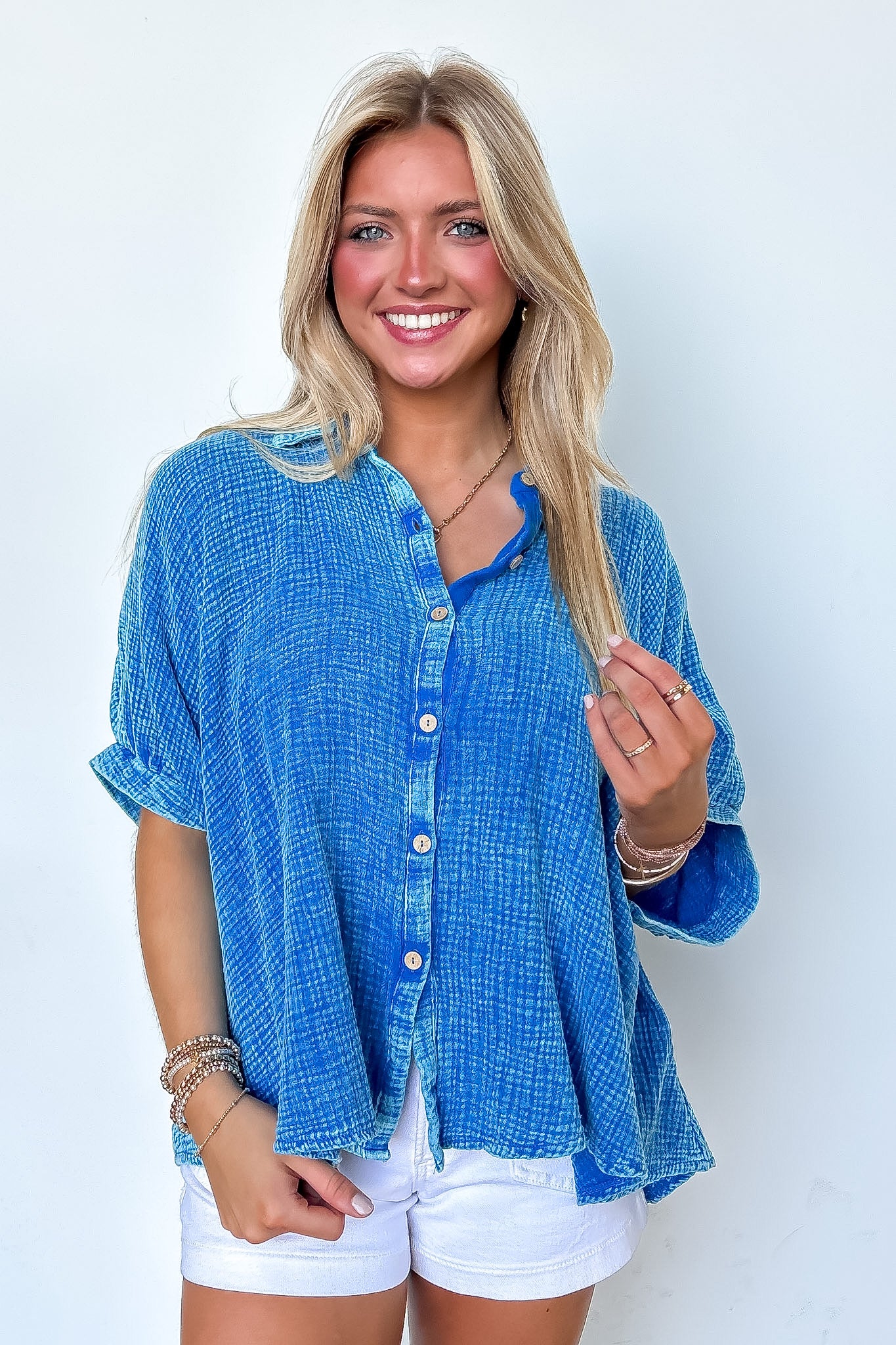 Ocean Blue / SM Carleen Washed Gauze Button Down Top - BACK IN STOCK - Madison and Mallory