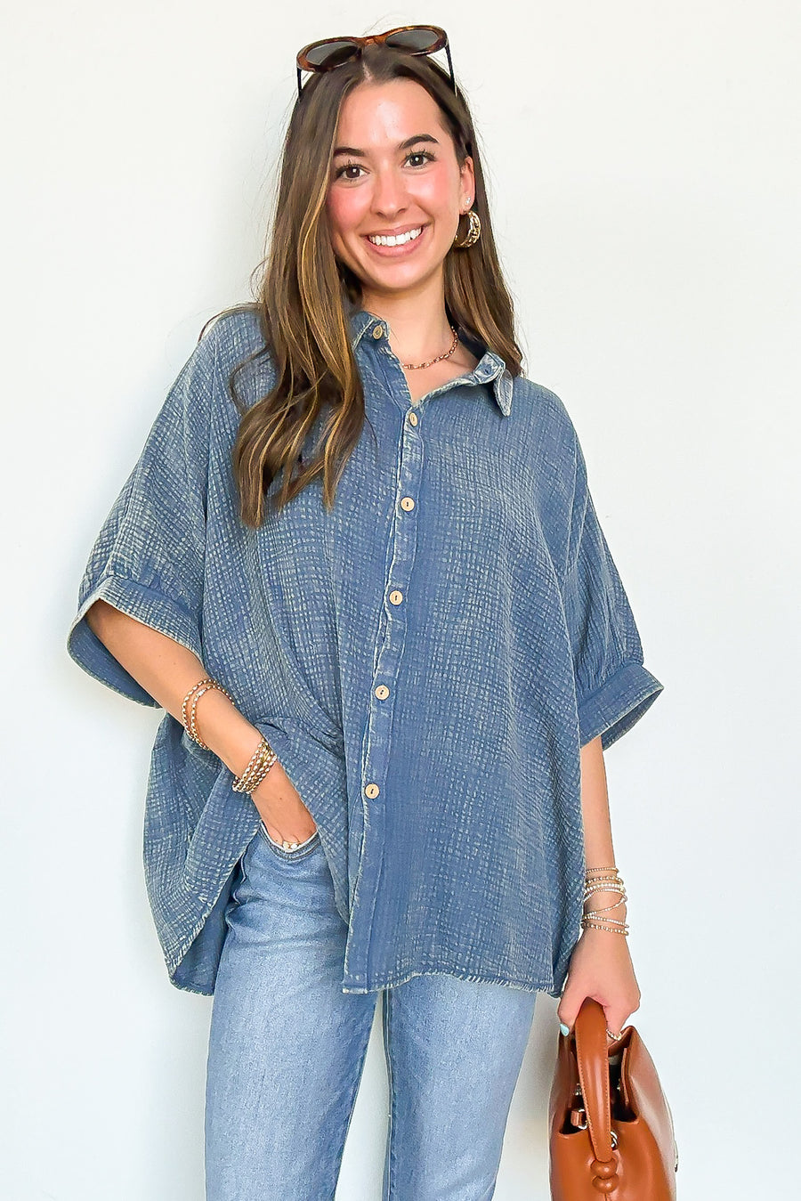 Dusty Blue / SM Carleen Washed Gauze Button Down Top - BACK IN STOCK - Madison and Mallory