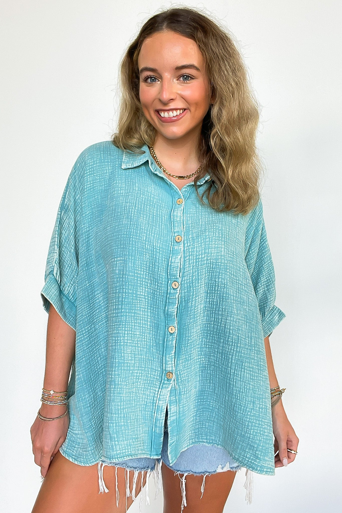 Dusty Teal / SM Carleen Washed Gauze Button Down Top - BACK IN STOCK - Madison and Mallory