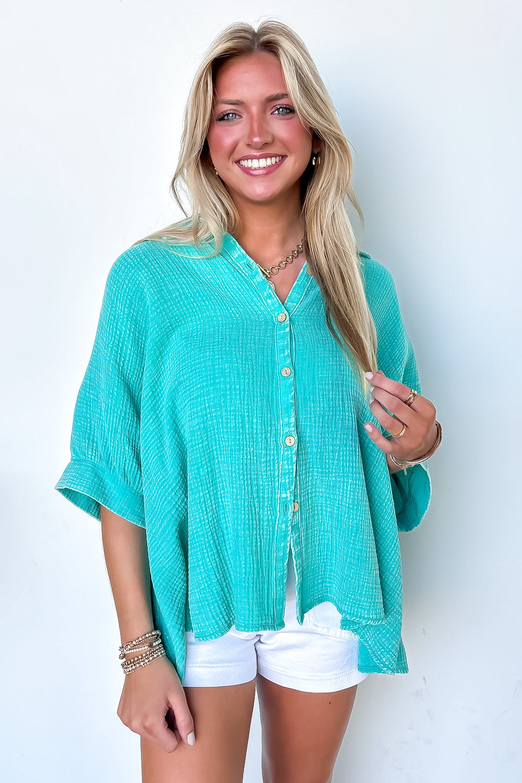Turquoise / SM Carleen Washed Gauze Button Down Top - Madison and Mallory