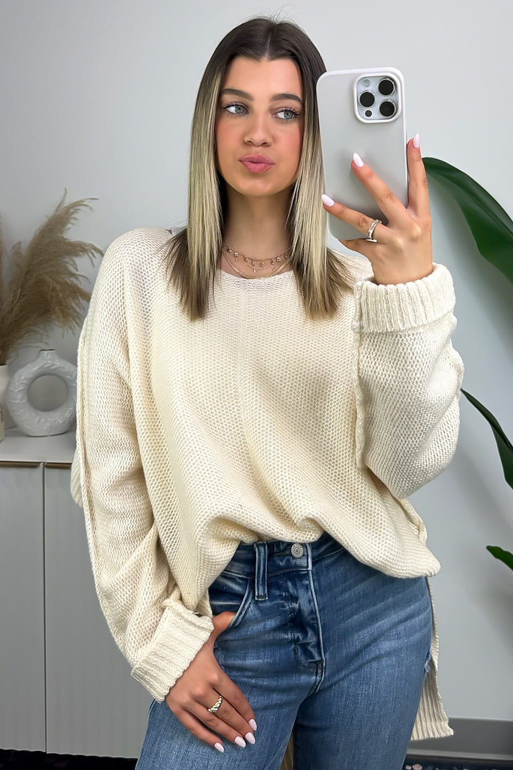 Off White / S Carlene V-Neck High Low Sweater - FINAL SALE - Madison and Mallory