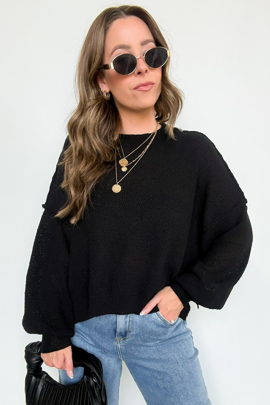 Black / S Carlina Mock Neck Side Slit Knit Sweater - Madison and Mallory