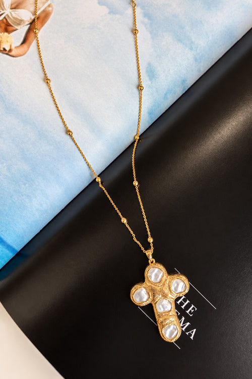 Carved Reverie Pearl Cross Necklace - Madison and Mallory