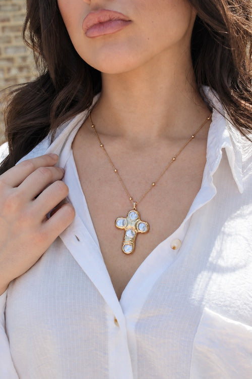 Gold Carved Reverie Pearl Cross Necklace - Madison and Mallory