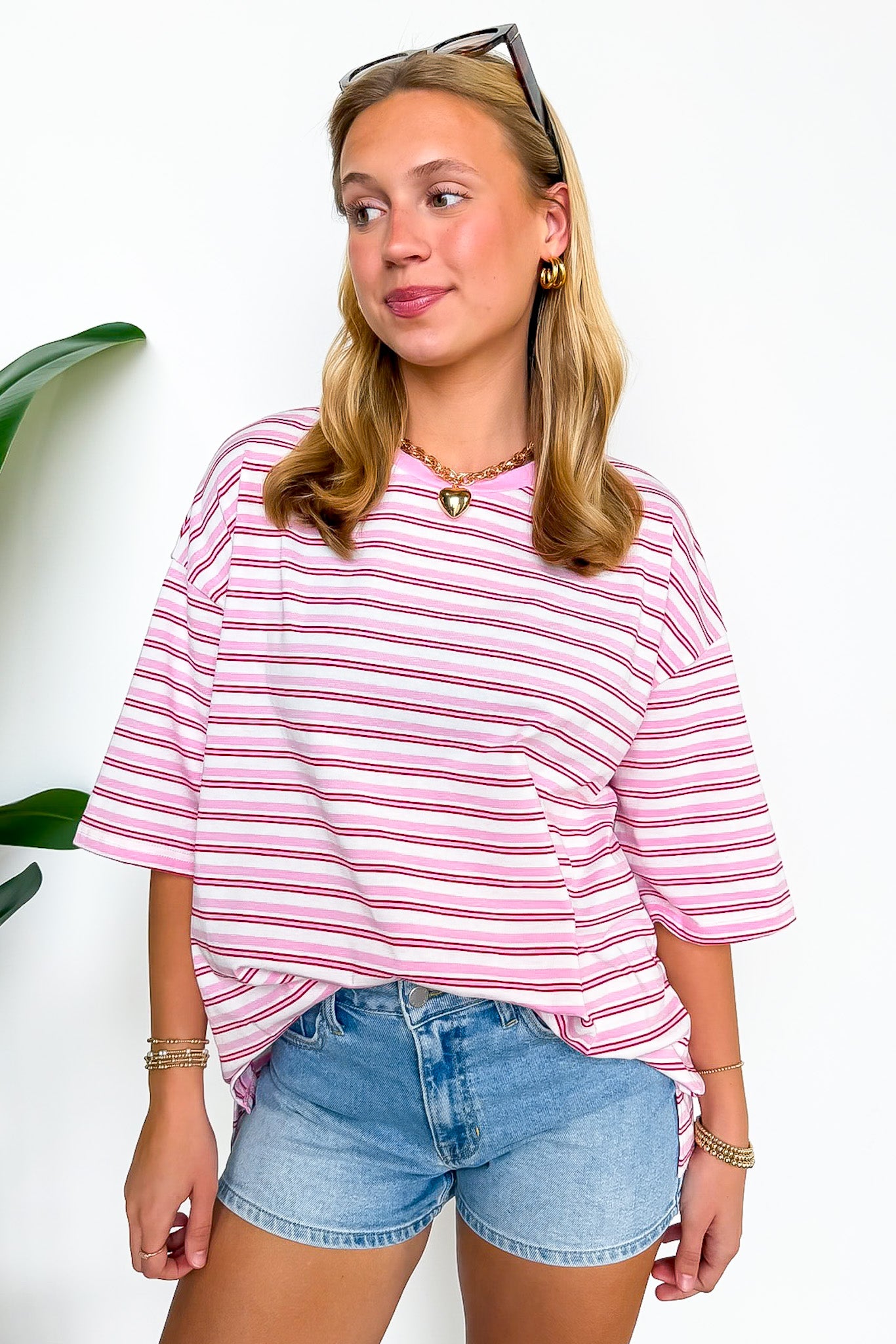 S / Pink Casual Charm Relaxed Fit Striped Top - Madison and Mallory